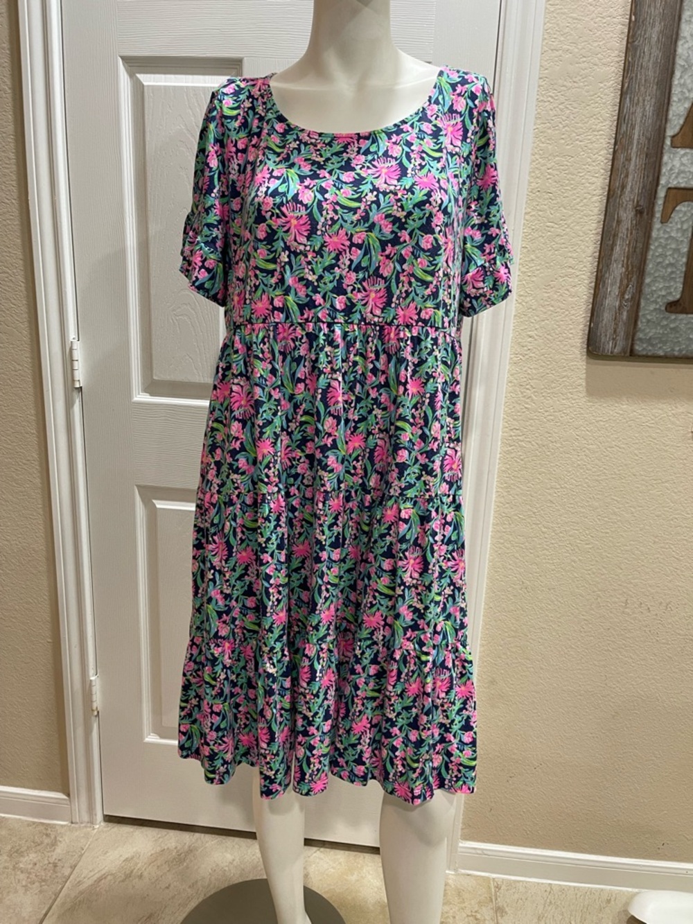 Lilly Pulitzer Jodee Tiered Swing Dress in Low Tide Navy Garden Print Size XL - Picture 3 of 10